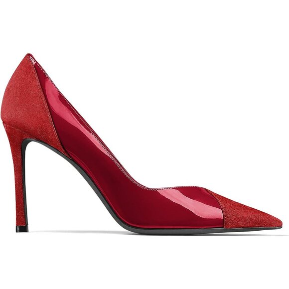 Women's Red/burgundy Pointed Toe Pumps Patent Suede Stiletto Slip On High Heels - Picture 3 of 4